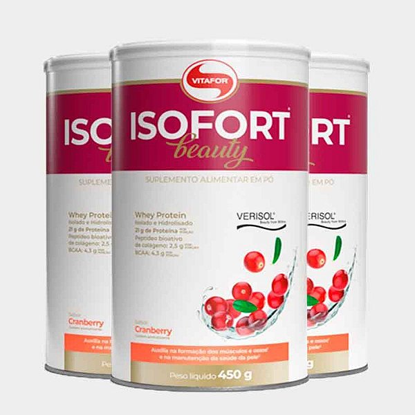 Kit 3 Whey Protein Isofort Beauty Isolado Vitafor Cranberry 450g
