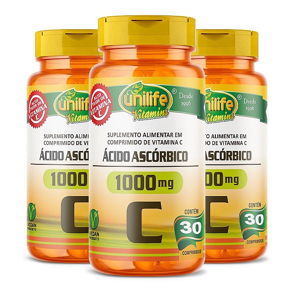 Kit 3 Ácido Ascórbico Vitamina C Unilife 30 comprimidos