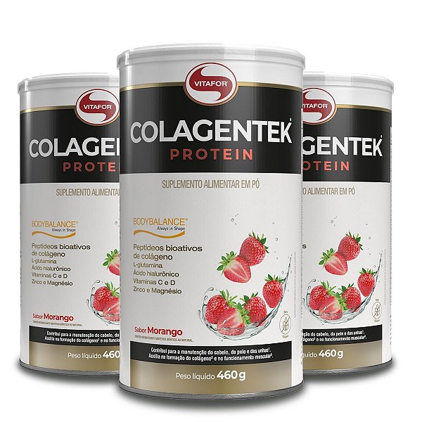 Kit 3 Colagentek Protein Vitafor Morango 460g