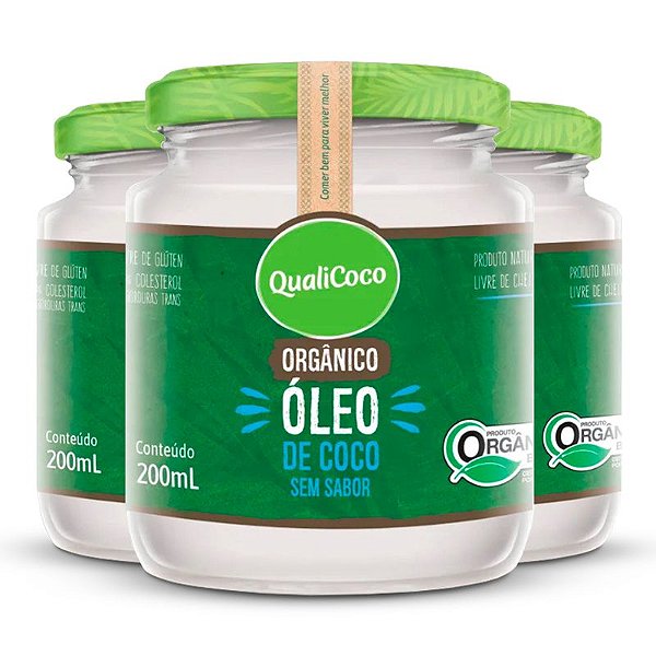 Kit 3 Óleo de coco sem sabor Qualicoco 200 ml orgânico