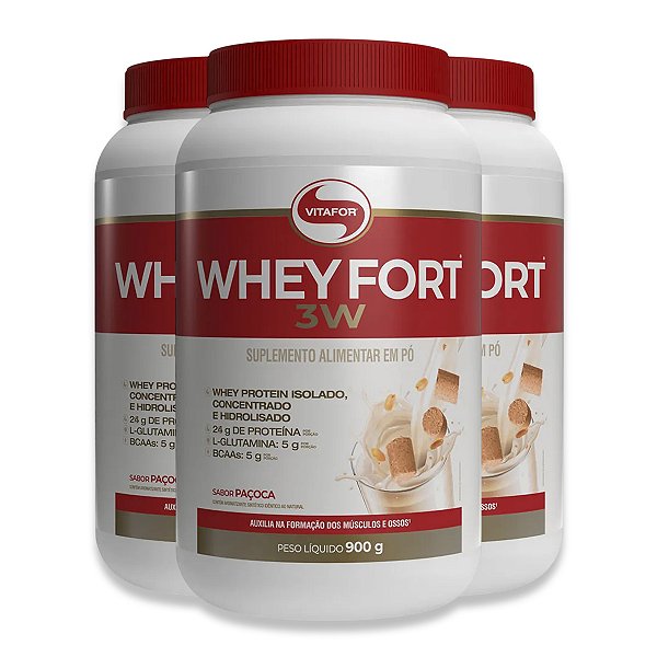 Kit 3 Whey Fort 3w Vitafor 900g Paçoca
