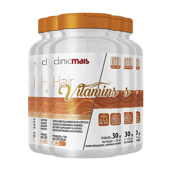 Kit 5 Hair Vitamins 500mg Clinicmais 60 Cápsulas