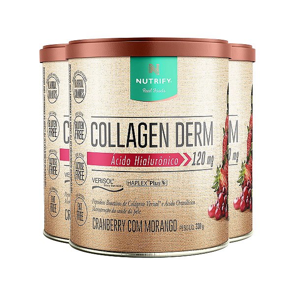 Kit 3 Collagen Derm Hialurônico Cranberry com Morango Nutrify 330g