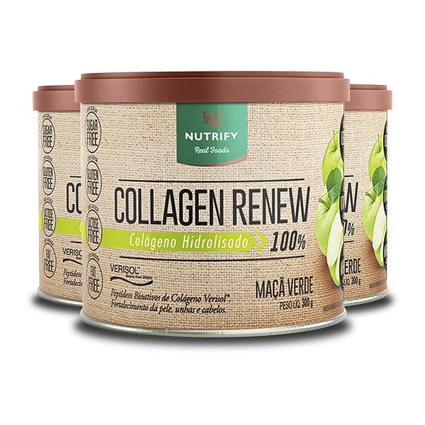 Kit 3 Colágeno Hidrolisado Nutrify Collagen Renew Maçã Verde 300g