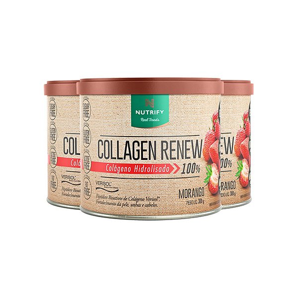 Kit 3 Collagen Renew Colágeno Hidrolisado Morango Nutrify 300g