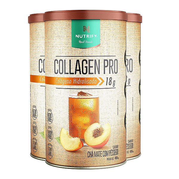 Kit 3 Collagen Pro Colágeno Hidrolisado Chá Mate com Pessêgo Nutrify 450g