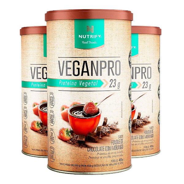 Kit 3 Veganpro Proteína Vegetal Chocolate com Morango Nutrify 450g