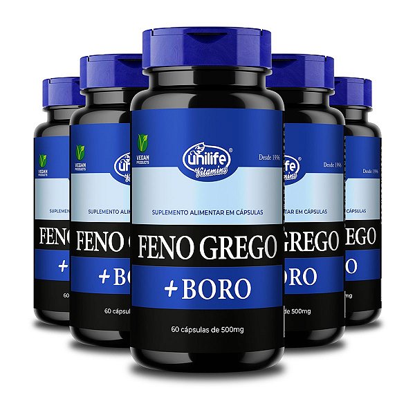 Kit 5 Feno Grego + Boro B Unilife 60 Cápsulas 500mg Vegano