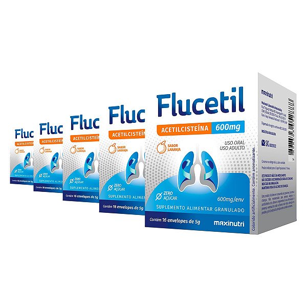 Kit 5 Flucetil Acetilcisteína Maxinutri 16 Sachês Laranja