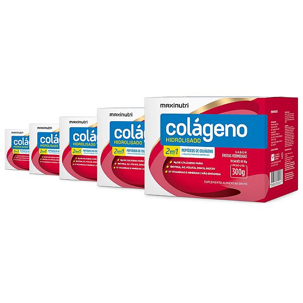 Kit 5 Colágeno Hidrolisado 2 em 1 Maxinutri 30 Sachês Frutas Vermelhas