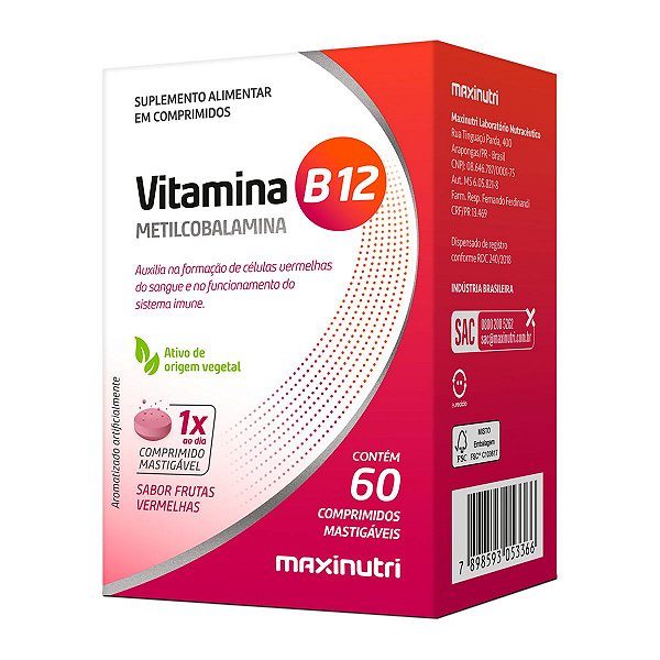 Vitamina B12 Maxinutri 60 Comprimidos Frutas Vermelhas