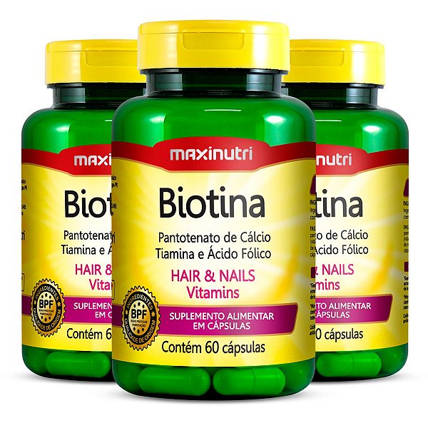 Kit 3 Biotina Hair & Nails Vitamins Maxinutri 60 Cápsulas