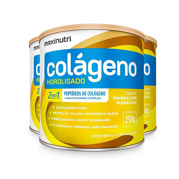 Kit 3 Colágeno Hidrolisado 2 em 1 Maxinutri 250g Manga com Maracujá