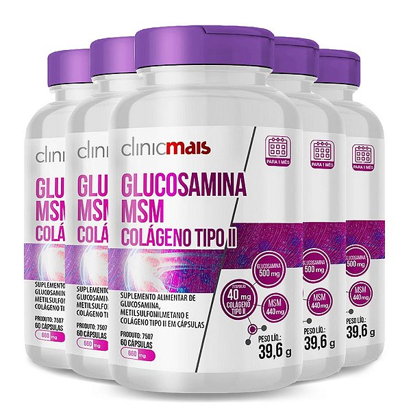 Kit 5 Glucosamina MSM Colágeno tipo II Clinicmais 60 Cápsulas