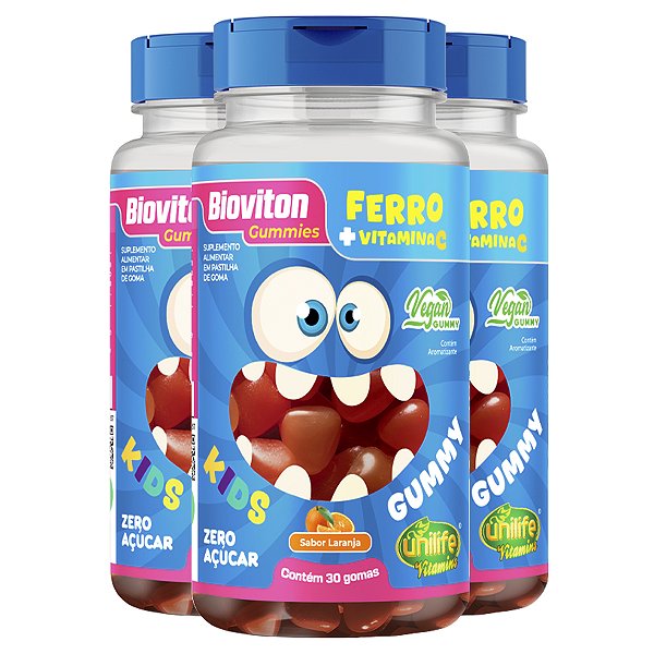 Kit 3 Gummy Kids Ferro + C Unilife 30 gomas Laranja