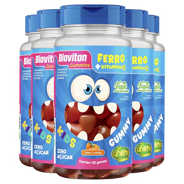 Kit 5 Gummy Kids Ferro + C Unilife 30 gomas Laranja