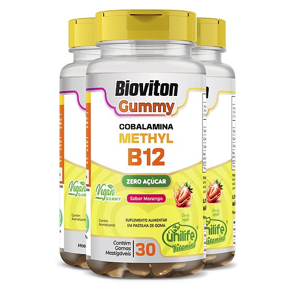 Kit 3 Gummy Vitamina B12 Methyl Unilife 30 gomas Morango