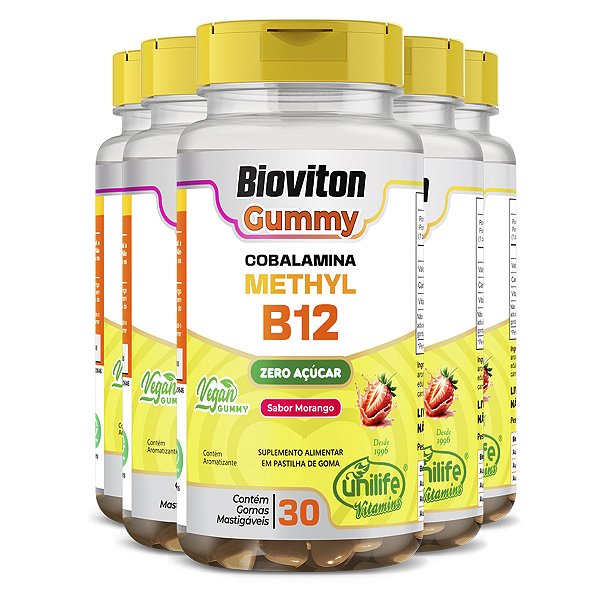 Kit 5 Gummy Vitamina B12 Methyl Unilife 30 gomas Morango