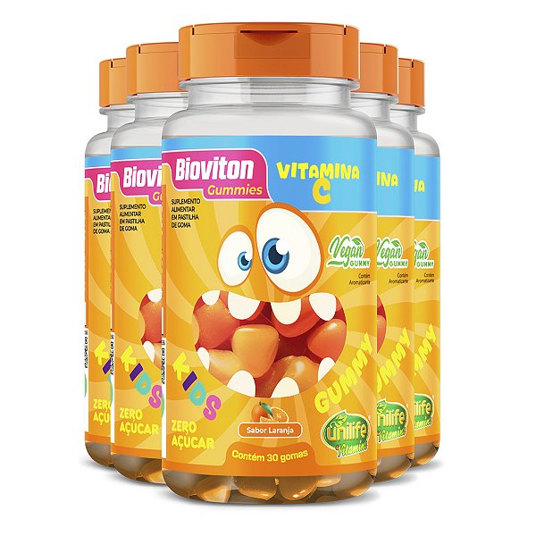 Kit 5 Gummy Kids Vitamina C Unilife 30 gomas Laranja