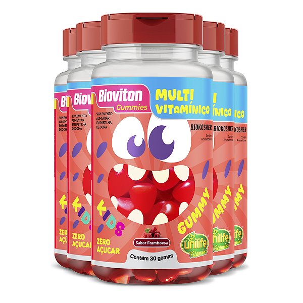 Kit 5 Gummy Kids Multivitamínico Unilife 30 gomas Framboesa