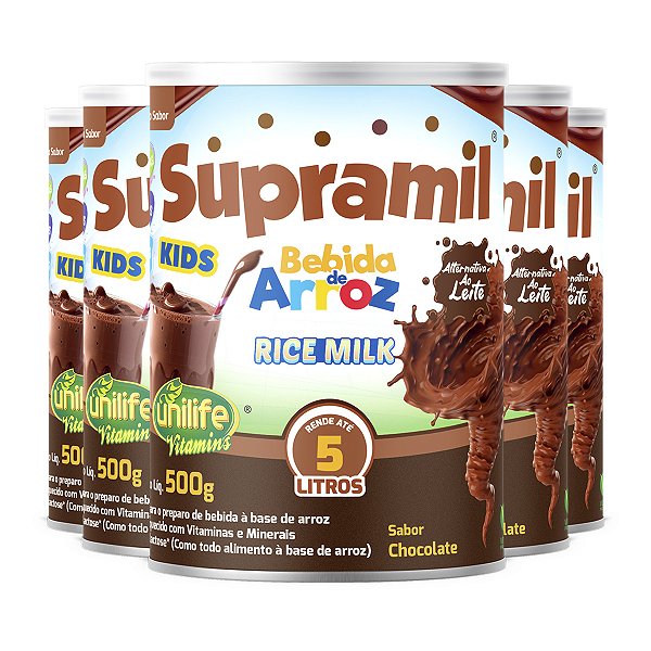 Kit 5 Supramil Bebida de Arroz Kids Chocolate Unilife 500g