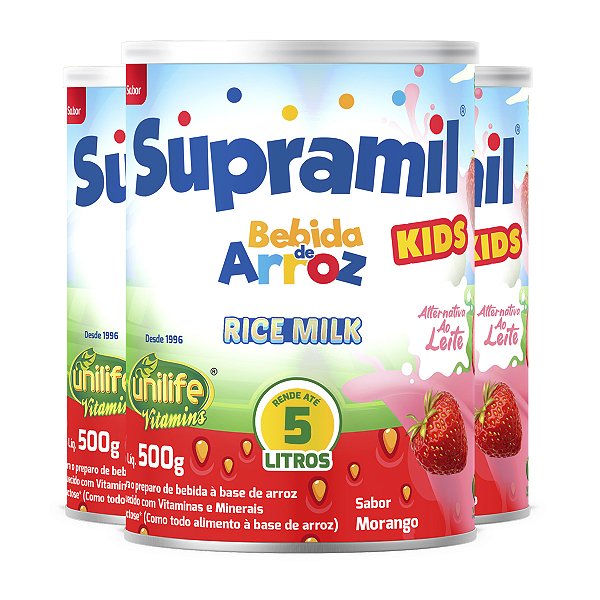 Kit 3 Supramil Bebida de Arroz Kids Morango Unilife 500g