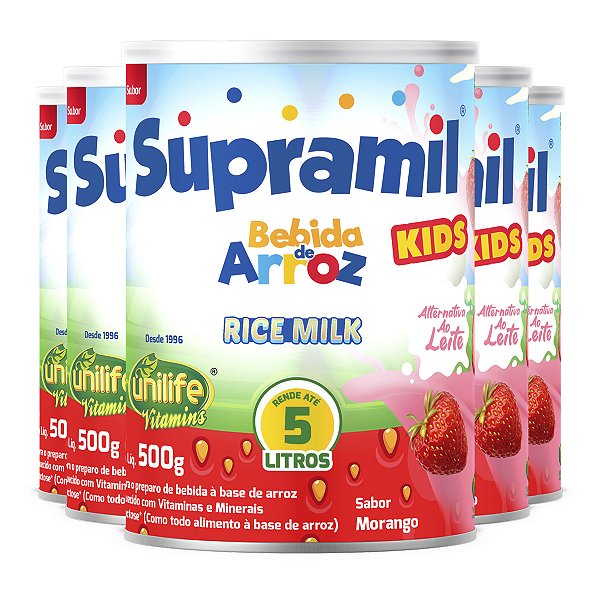 Kit 5 Supramil Bebida de Arroz Kids Morango Unilife 500g