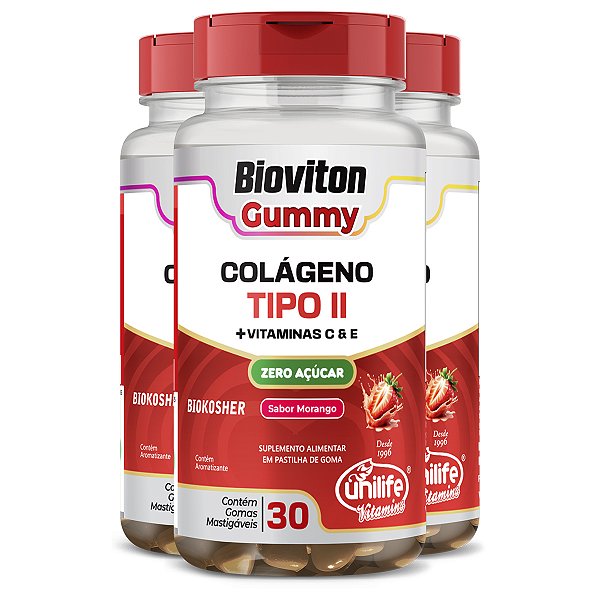 Kit 3 Gummy Colágeno Tipo II Morango Unilife 30 gomas