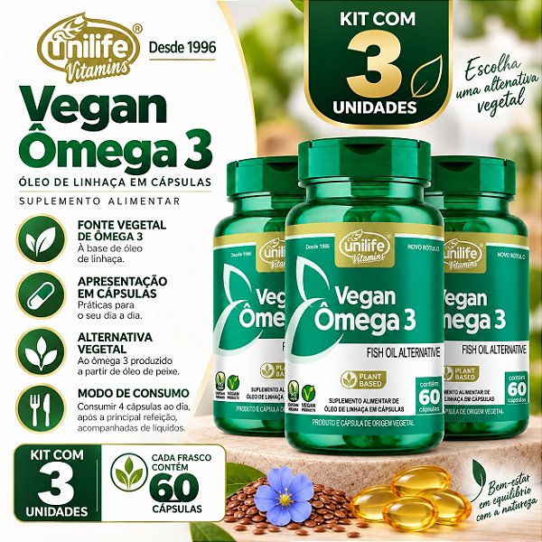 Kit 3 Ômega 3 Vegetal Unilife 60 Cápsulas