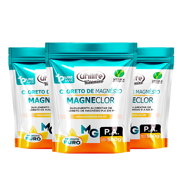 Kit 3 Magneclor Cloreto de Magnésio P.A Unilife 500g
