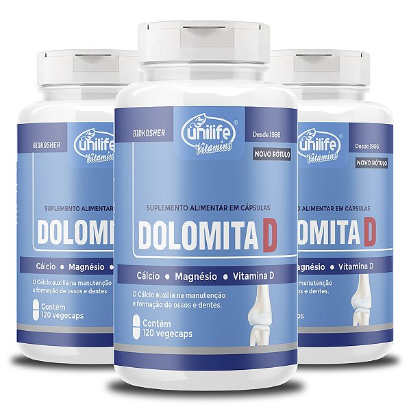 Kit 3 Dolomita com Vitamina D Unilife 120 cápsulas