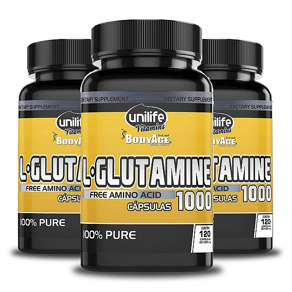 Kit 3 L-Glutamina 100% pura Unilife 120 cápsulas