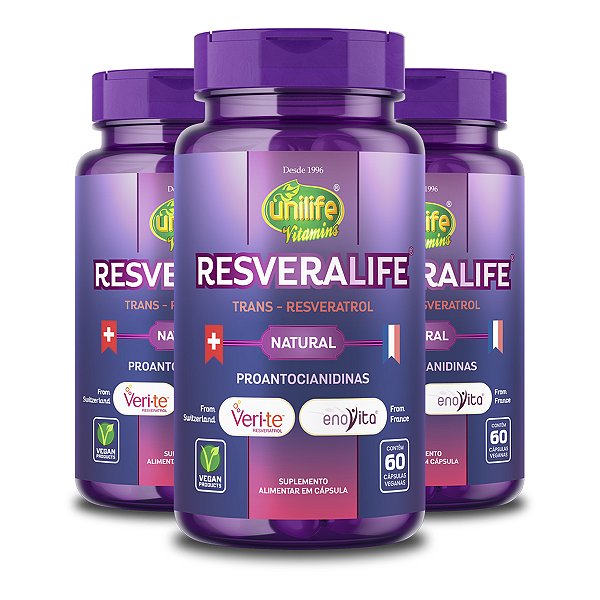 Kit 3 Trans Resveratrol Resveralife Unilife 60 Cápsulas
