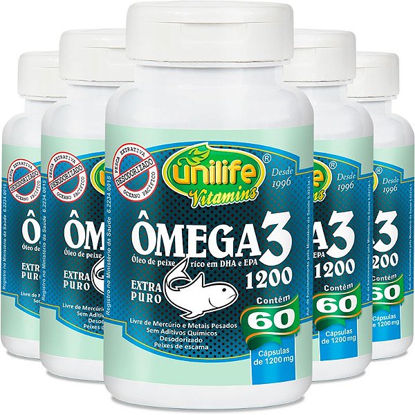 Kit 5 Ômega 3 Óleo de peixe 1200mg Unilife 60 cápsulas