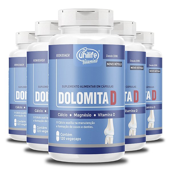 Kit 5 Dolomita com vitamina D Unilife 120 cápsulas