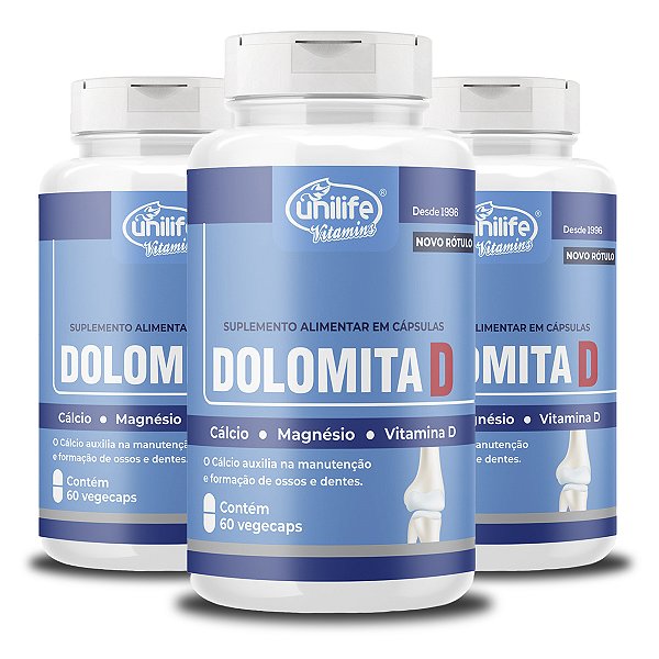 Kit 3 Dolomita com vitamina D Unilife 60 cápsulas