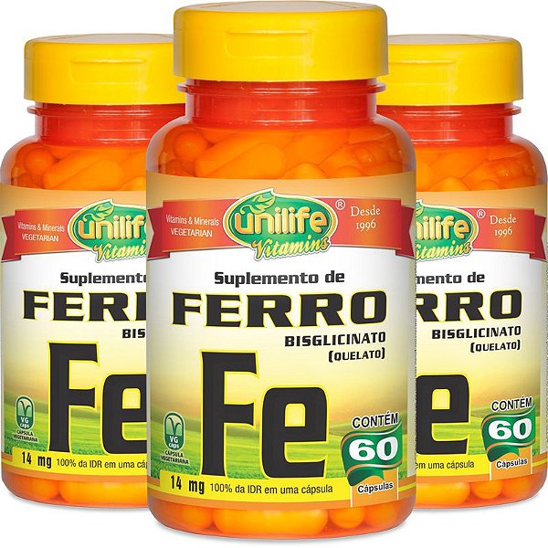 Kit 3 Ferro Quelato FE 14mg Unilife 60 cápsulas