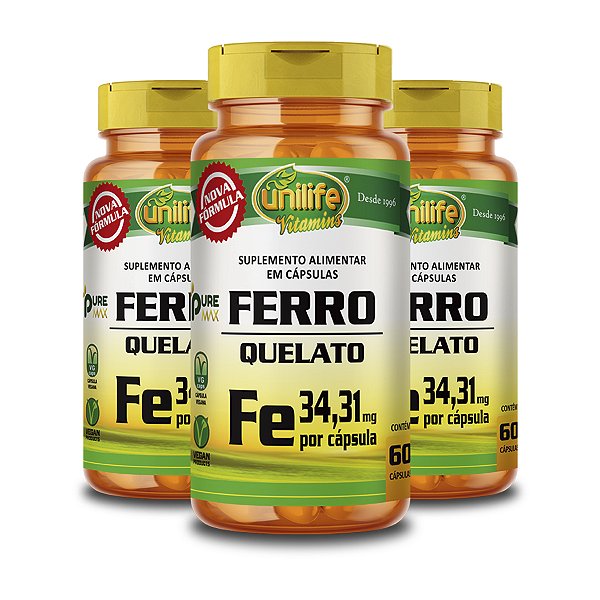 Kit 3 Ferro Quelato FE Unilife 60 Cápsulas