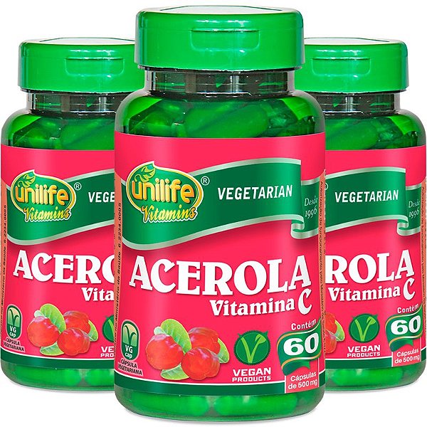 Kit 3 Acerola vitamina C Unilife 60 cápsulas