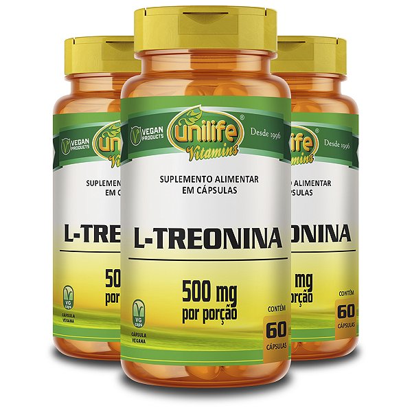 Kit 3 L-Treonina Unilife 500mg 60 Cápsulas