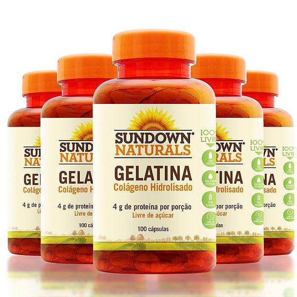 Kit 5 Colágeno Gelatina 4g Sundown 100 cápsulas
