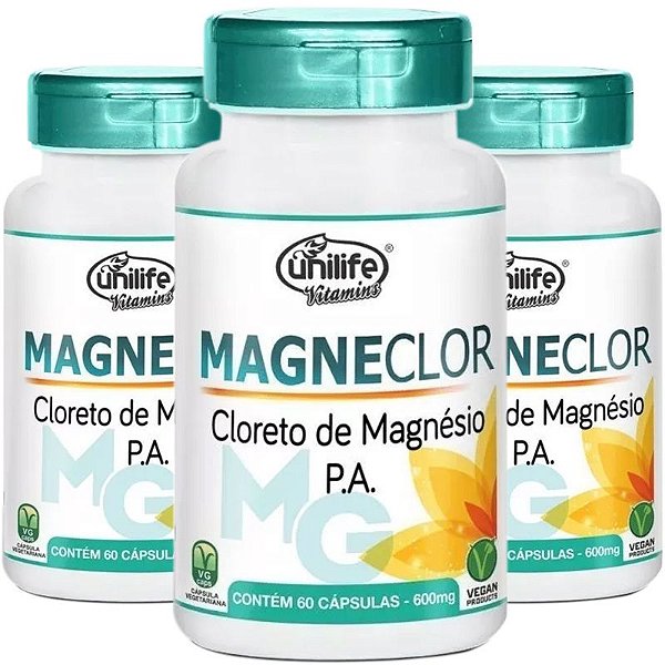 Kit 3 Cloreto de Mag. Magneclor 600mg Unilife 60 Cápsulas