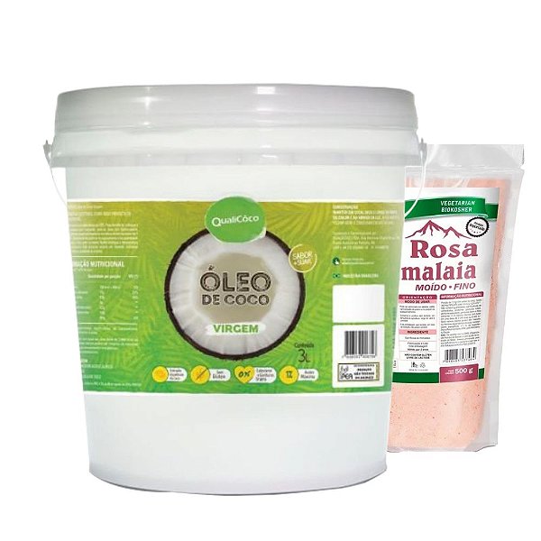 Kit Óleo de Coco Virgem 3 litros Qualicoco + 1kg de Sal Rosa