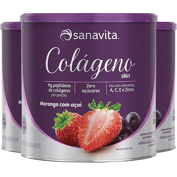 Kit 3 Colágeno Hidrolisado em Pó Morango e Açaí Sanavita 300g