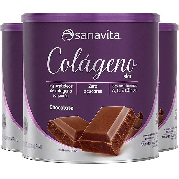 Kit 3 Colágeno Skin Hidrolisado Zero Açúcar em Pó Chocolate Sanavita 300g