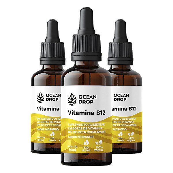 Kit 3 Vitamina B12 em Gotas Ocean Drop 30ml Sabor Morango