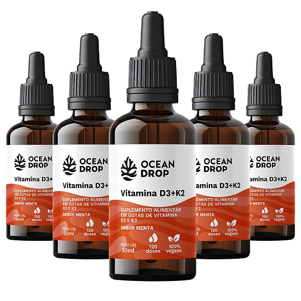 Kit 5 Vitamina D3 + K2 em Gotas Ocean Drop 30ml Sabor Menta