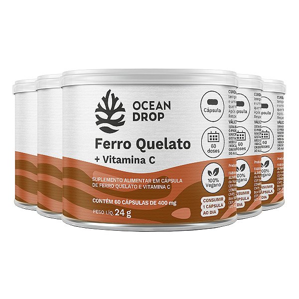 Kit 5 Ferro Quelato + Vitamina C Ocean Drop 60 Cápsulas