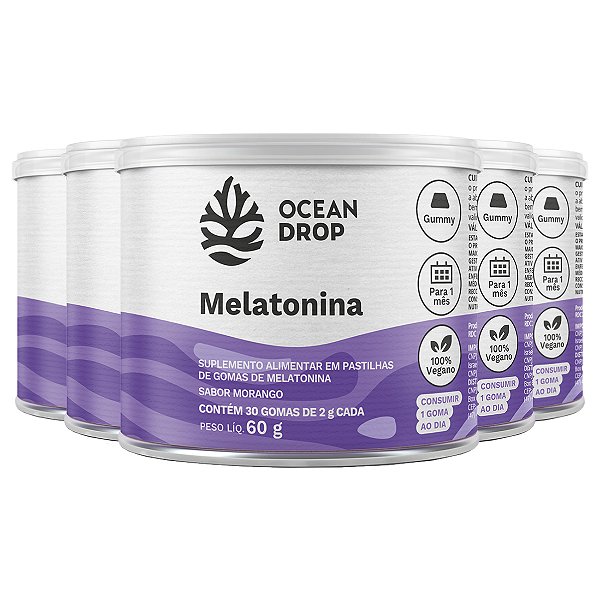 Kit 5 Melatonina Ocean Drop Vegano 30 Gomas Sabor Morango