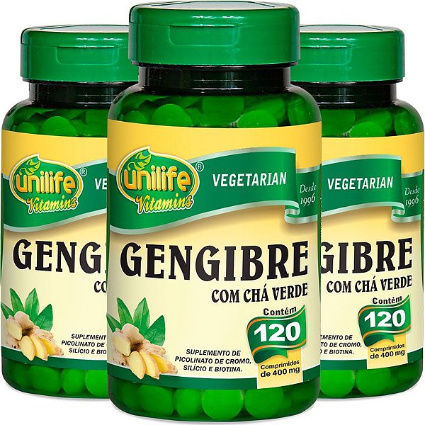 Kit com 3 Gengibre com chá verde 120 comprimidos Unilife
